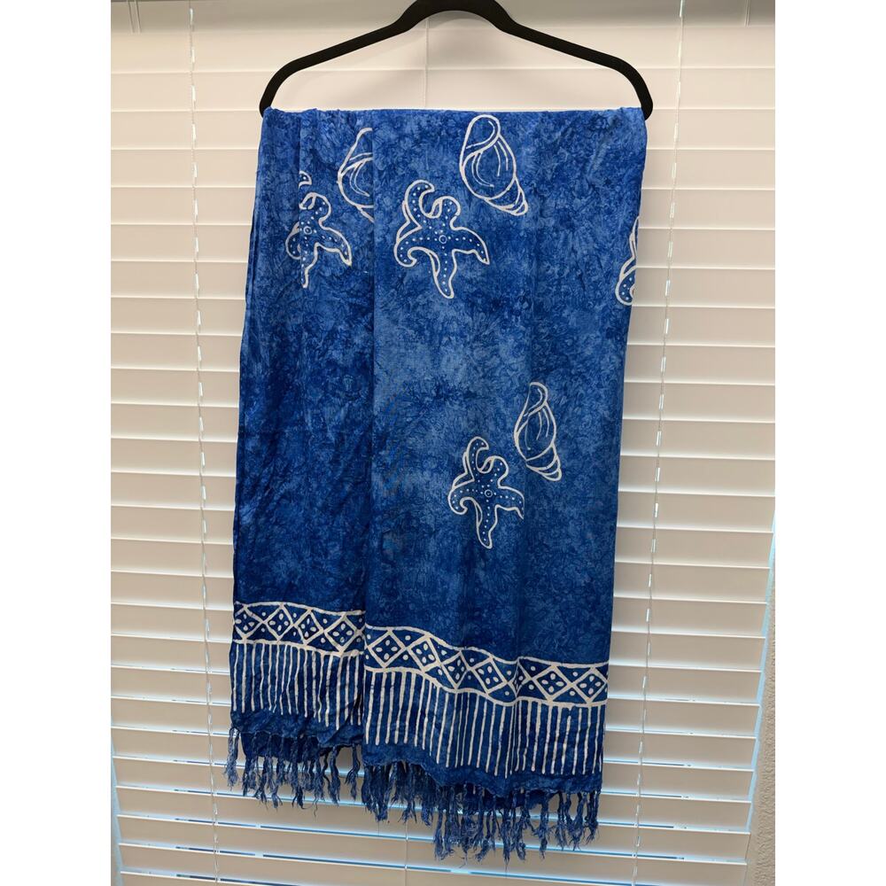 Blue Starfish Shell Print Sarong Uluwatu Style Fringe Beach Wrap Rayon